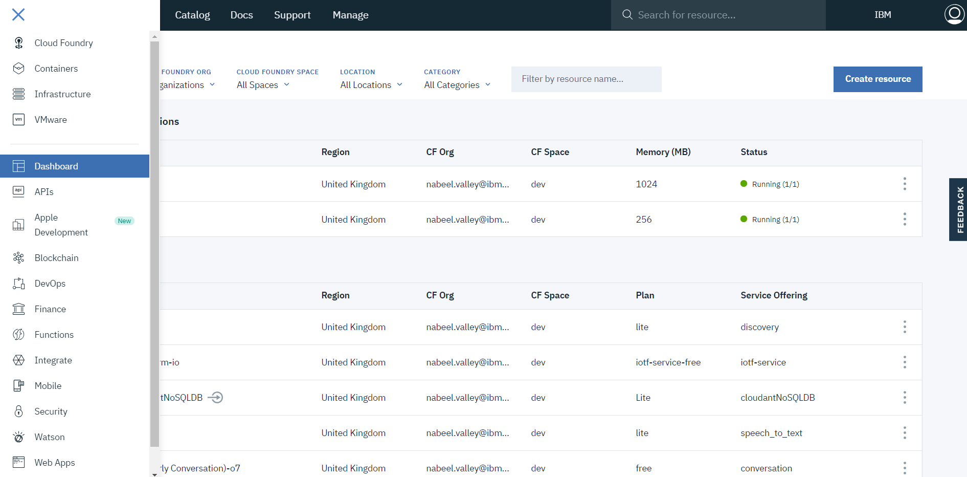 IBM Cloud Dashboard